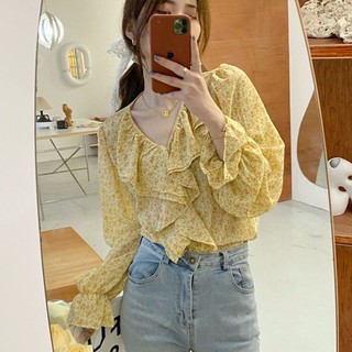 Áo sơ mi kiểu vintage hoa nhí vàng cổ bèo style Hàn