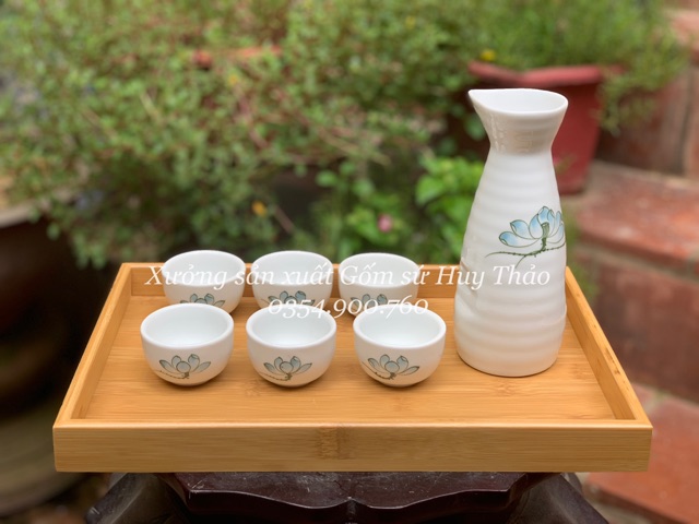 Nậm Bình rượu sake vẽ hoa sen xanh gốm sứ Bát Tràng Cao Cấp