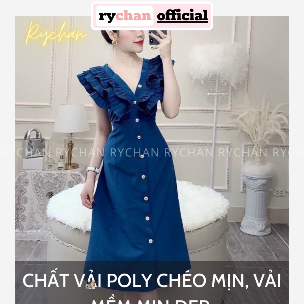 Đầm Xòe Cổ V Tim Sơ Mi Tay Bèo Màu Trắng Màu Nude Be Màu Xanh Dương - DX0158