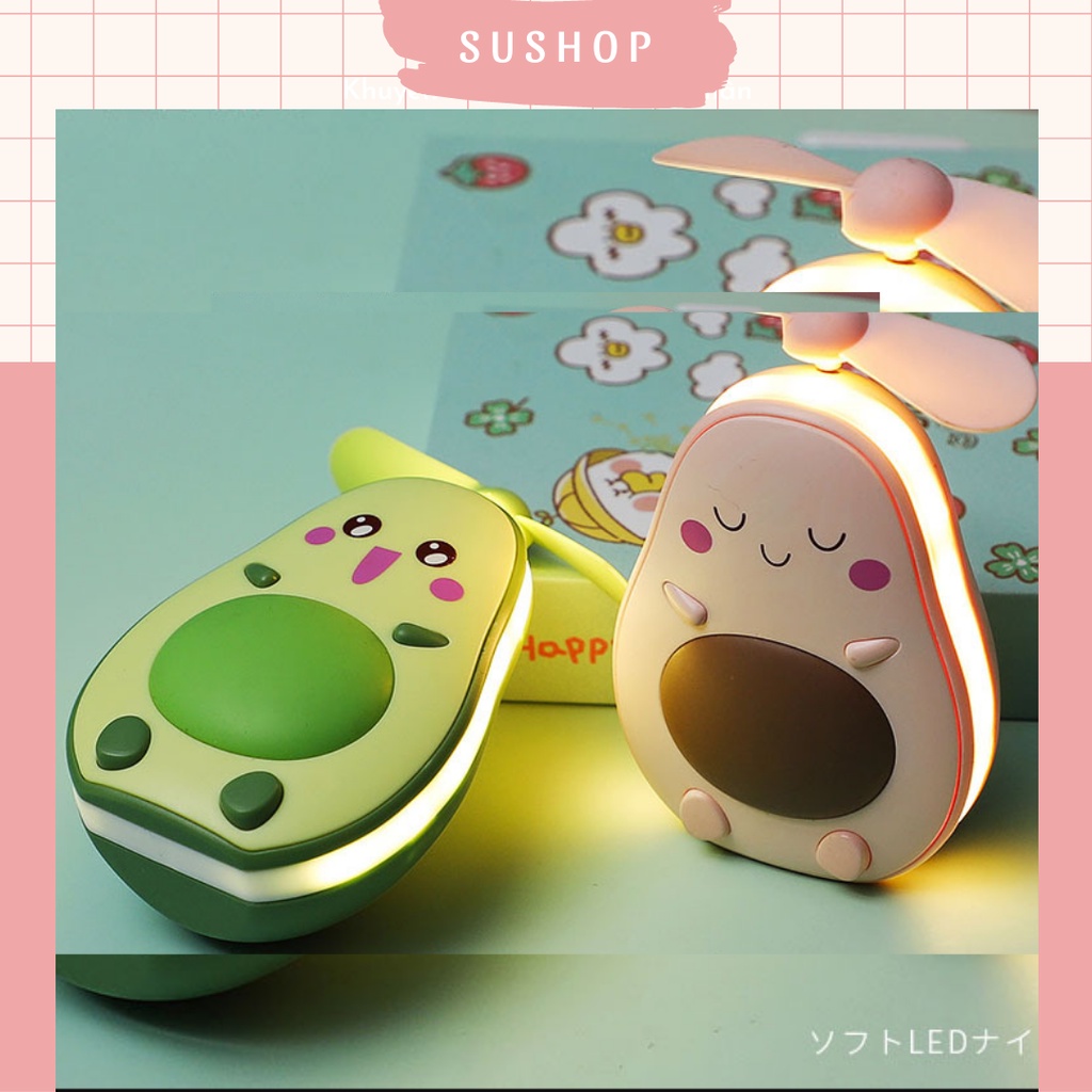 Quạt bơ mini cầm tay 3 in 1 hình quả bơ siêu dễ thương đèn led - gương - Su shop