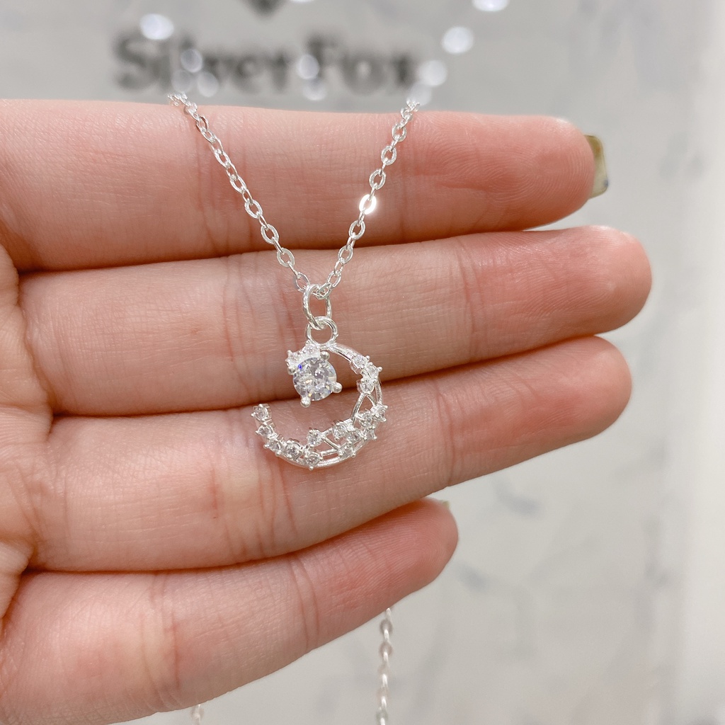 Dây Chuyền Bạc Ta Nữ CaoBac Silver Trăng Sao Ổ Đá Thiết Kế Hoạ Tiết Đơn Giản Lấp Lánh Dành Tặng Cho Bạn Gái