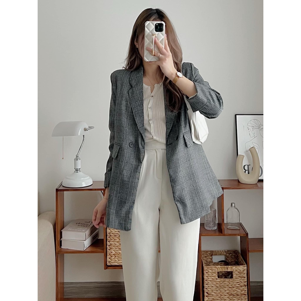 [SẴN/VIDEO] BLAZER KẺ XÁM FORM RỘNG HÀN QUỐC