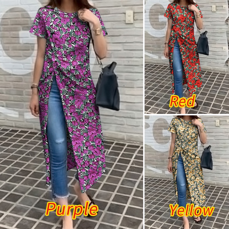 Áo kiểu nữ ZANZEA cổ tròn ngắn tay dáng dài xẻ tà thời trang