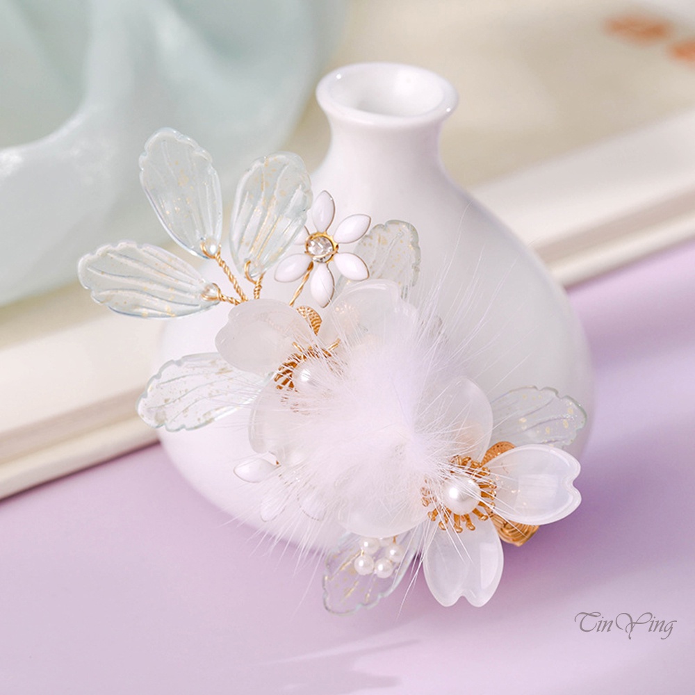 GETNOIVAS 1 Cặp Kẹp Tóc Hình Hoa Phối Bóng Lông Phong Cách Trung Hoa Độc Đáo Thời Trang