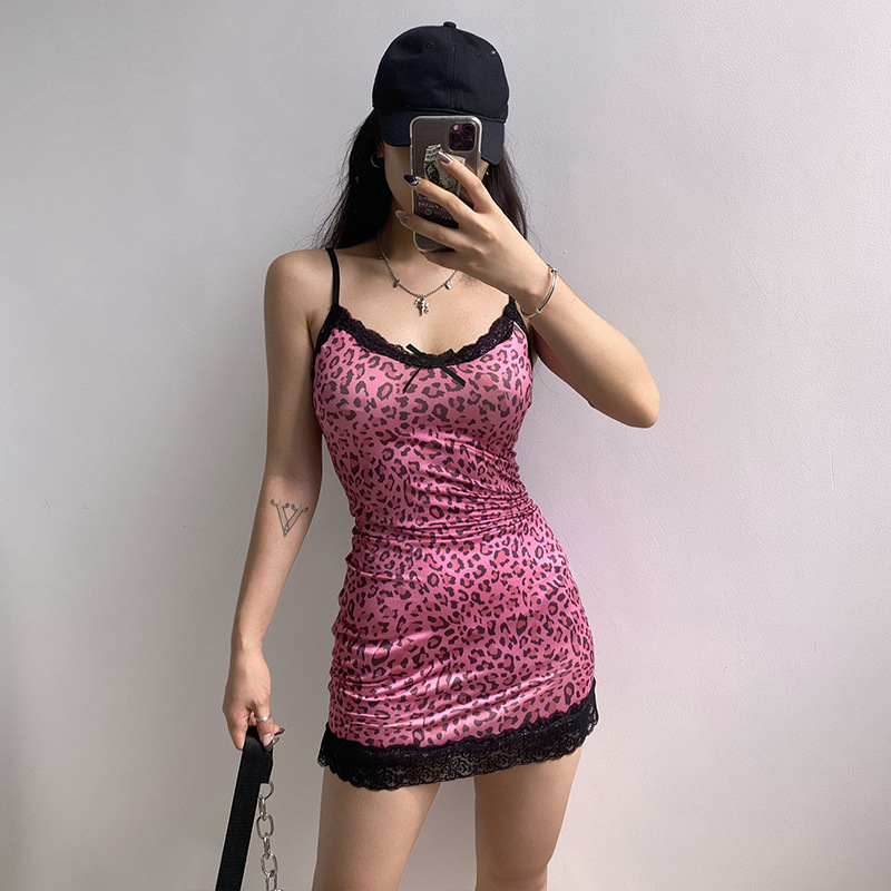 Đầm Ôm Phối Ren Họa Tiết Da Báo Màu Hồng Thời Trang Quyến Rũ Cho Nữ