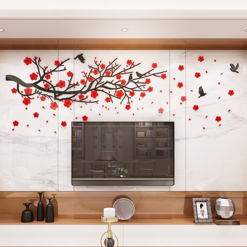 Tranh trang trí tết 2023 - Tranh dán tường mica 3d decor tranh hoa đào trang trí tết trang trí phòng khách, phòng ngủ