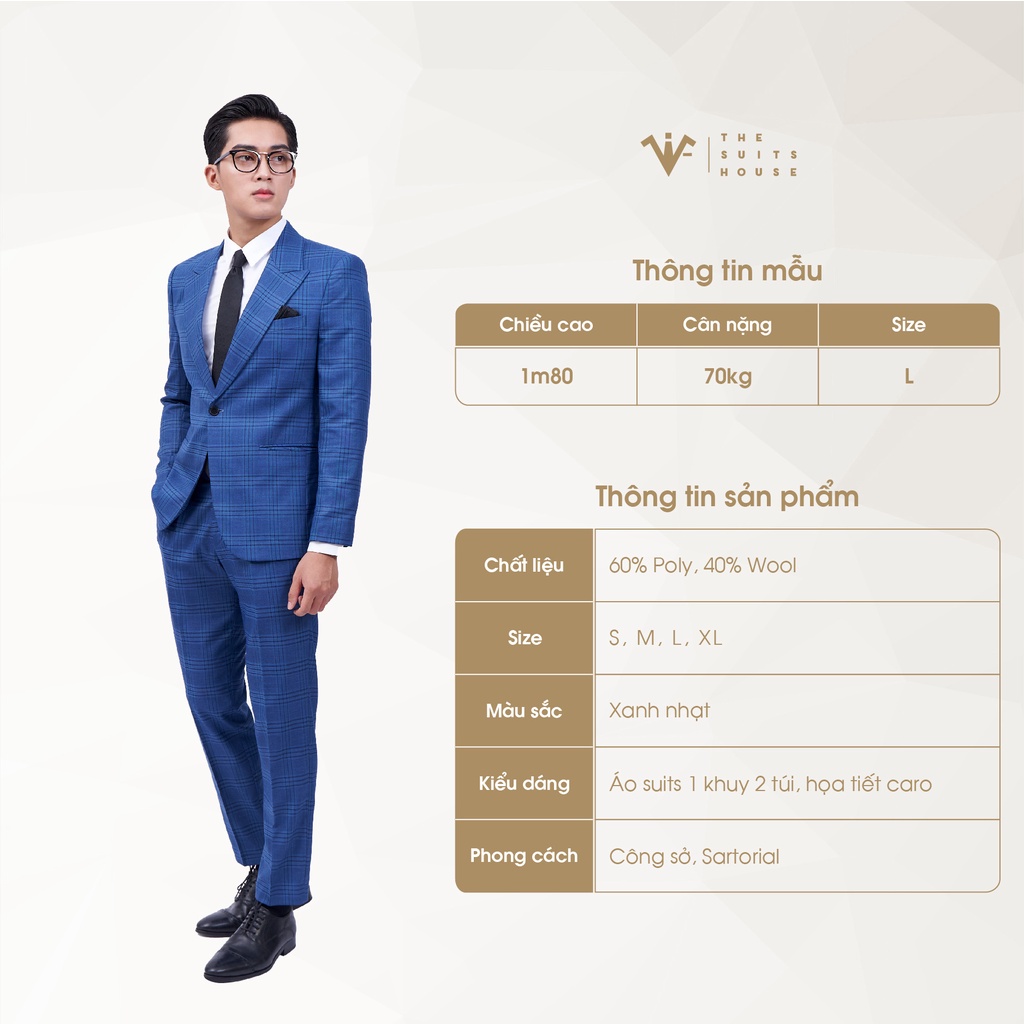 Bộ vest nam xanh kẻ ô, suits sartorial, 1 khuy 2 túi, form ôm The Suits House