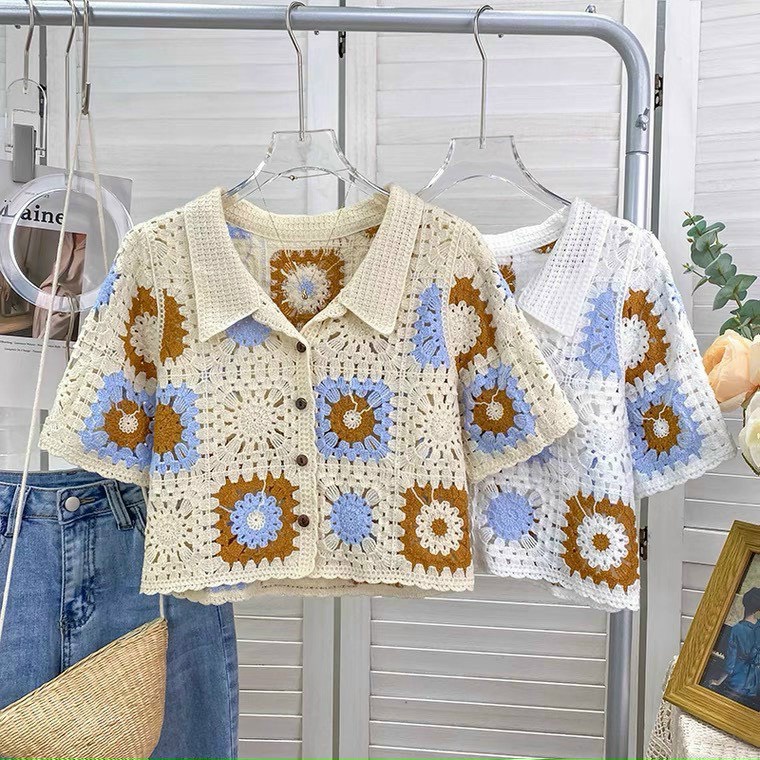 Áo hoa ren cổ bẻ, polo len thêu hoa hàng Quảng Châu-Minxy shop