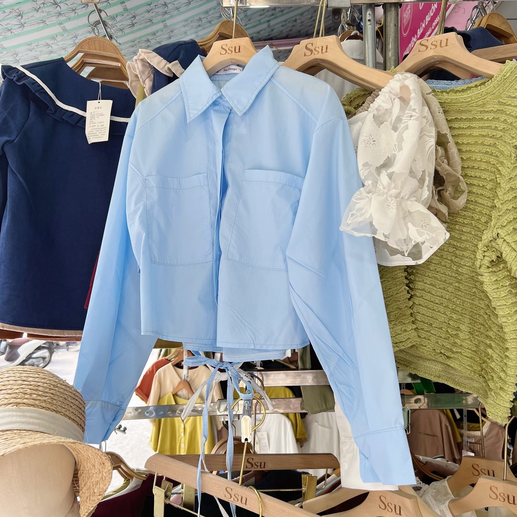 Áo sơ mi croptop dáng ngắn phối dây thắt lưng thời trang HERA