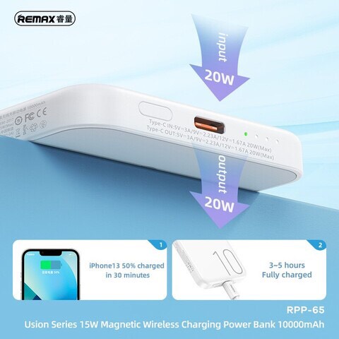 Sạc dự phòng không dây từ tính 15W Remax RPP-65 10000mAh hỗ trợ sạc nhanh PD20W