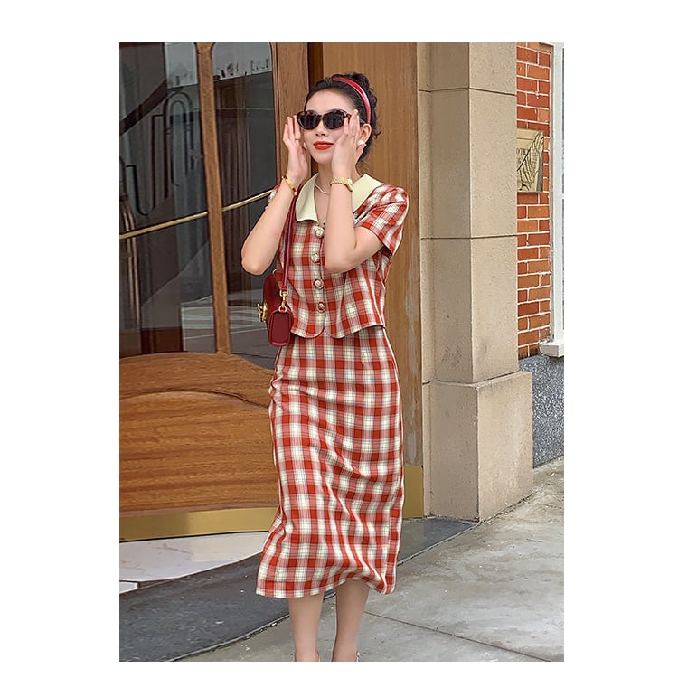 Set kẻ caro công sở rời LELY S018 cổ cánh sen mix chân váy dáng dài