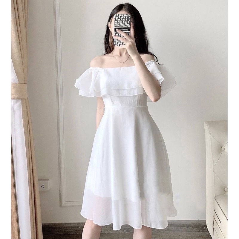Váy voan trễ vai 2 lớp dáng xoè VH49, Đầm nữ tiểu thư đự tiệc hở vai sang chảnh dễ thương kiểu dáng hàn quốc