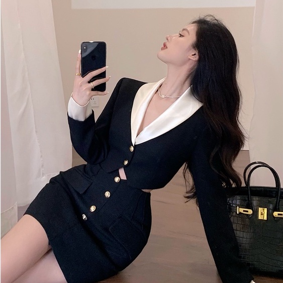 Áo Khoác Vest Tay Dài Dáng Ôm Màu Đen Phối Khuy Áo Và Chân Váy Lưng Cao Phong Cách Hàn Quốc Dành Cho Nữ