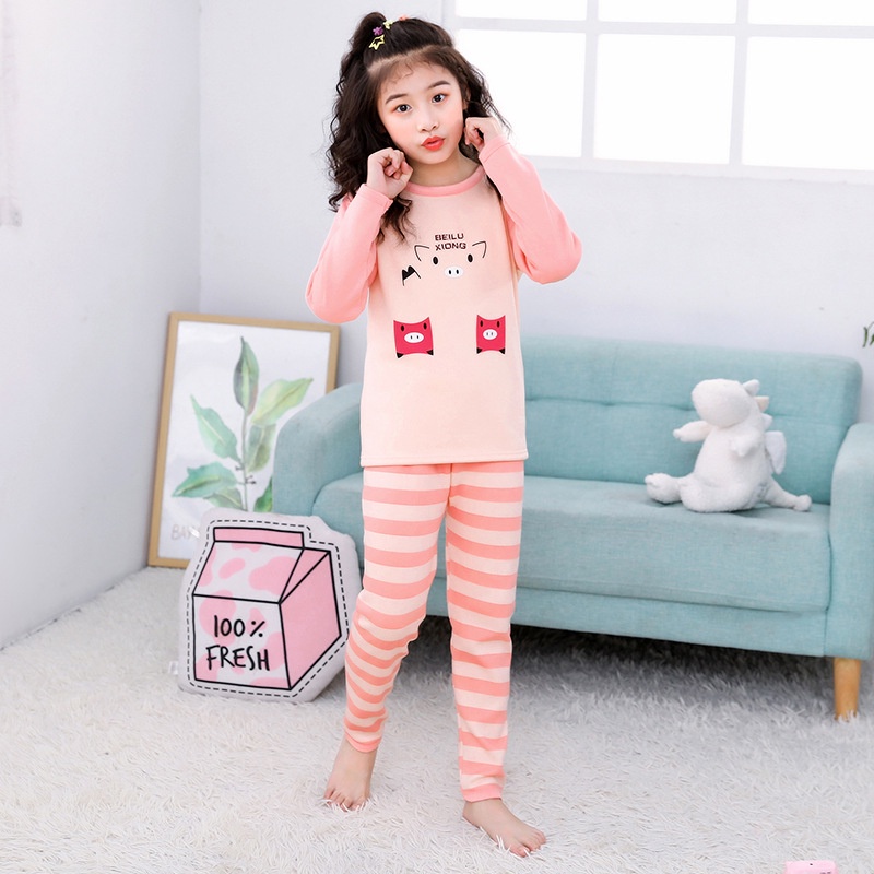 Đồ ngủ tay dài lót nhung sưởi ấm phong cách thu đông Hàn cho trẻ 100-170cm