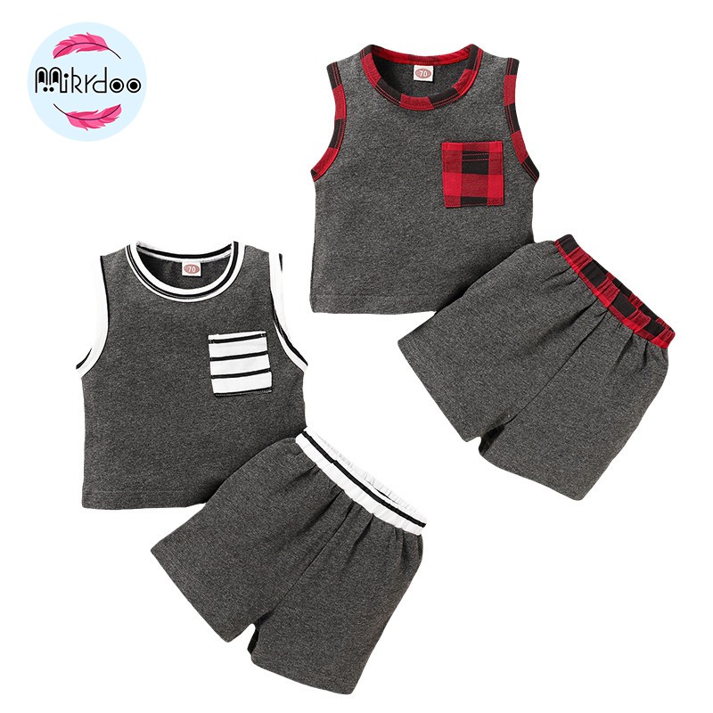 Mikrdoo Em bé dễ thương Áo sơ mi không tay + soóc Bộ quần áo 2PCS Dành cho bé trai 0-18 tháng