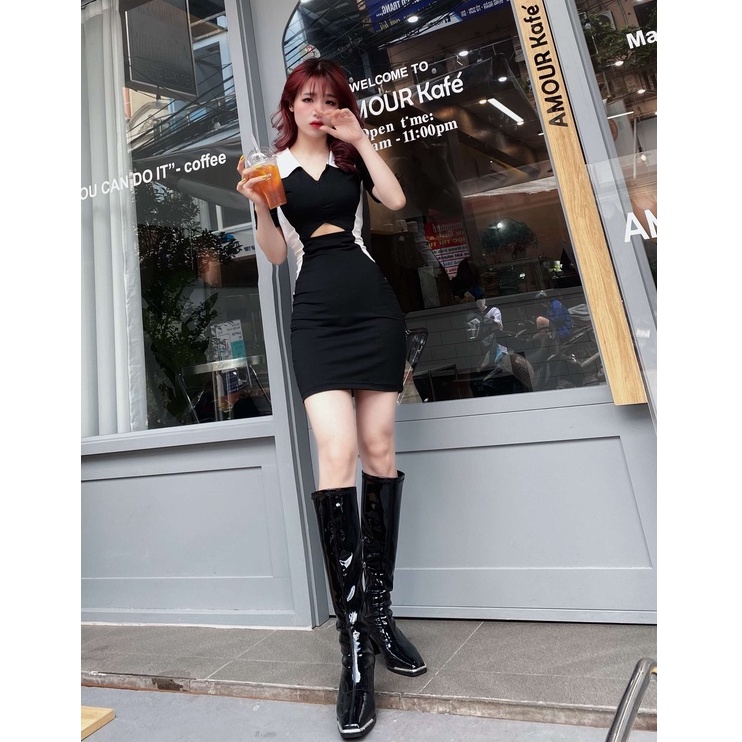Đầm body phối khoá kéo khoét eo