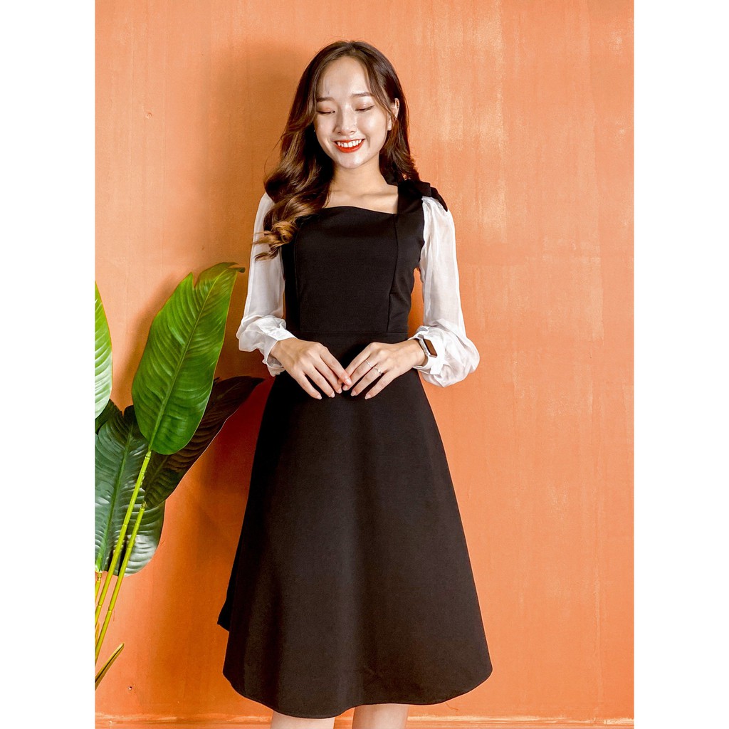 Váy nữ cổ vuông chất umi dáng xòe phối tay voan bồng phom từ 40kg đến 60kg váy đen tay bồng | BigBuy360 - bigbuy360.vn