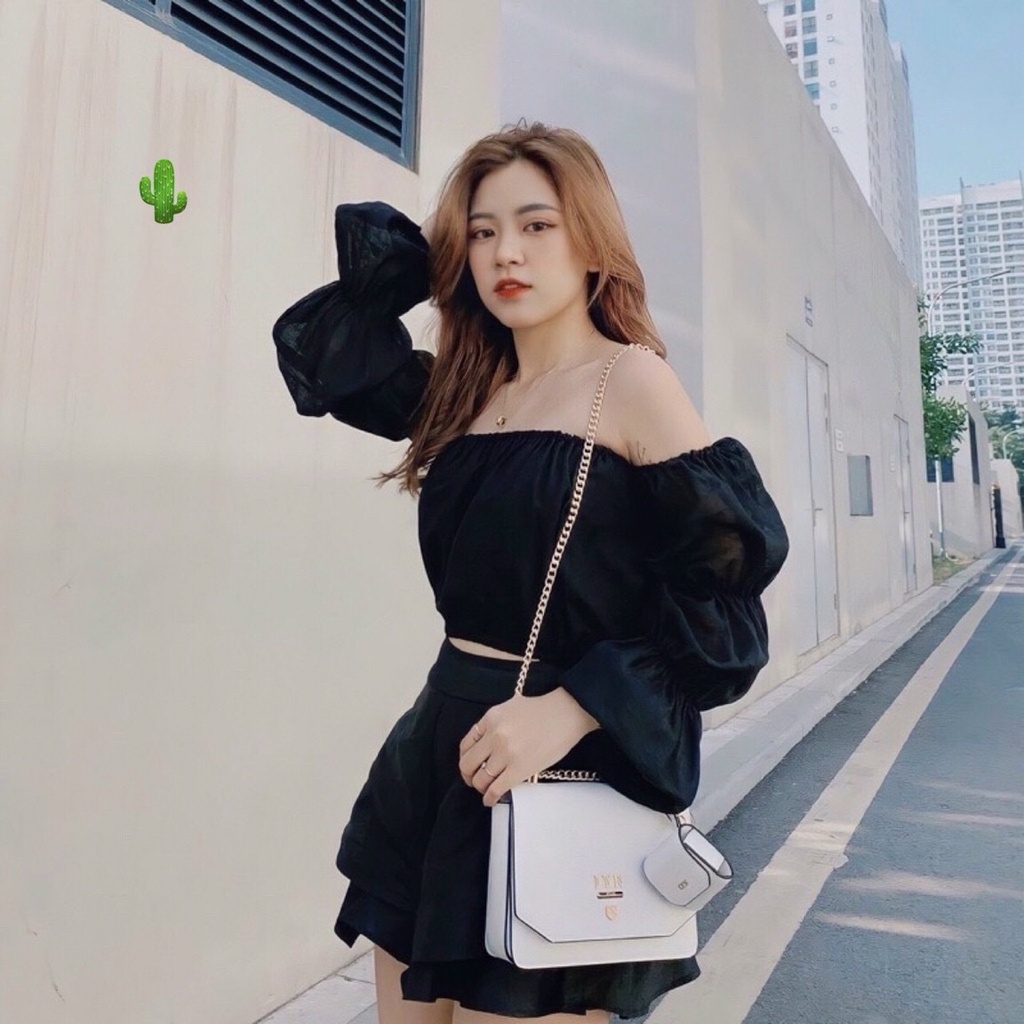 Áo croptop trễ vai tiểu thư tay nhún