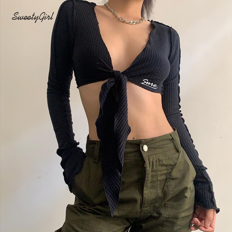 Áo Croptop Tay Dài Cổ Chữ V Thêu Chữ Thời Trang Dành Cho Nữ