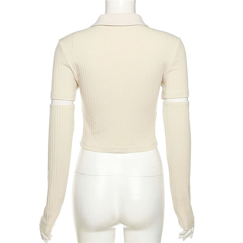 Áo thun polo có găng tay rời thêu hình mèo con dễ thương cho nữ