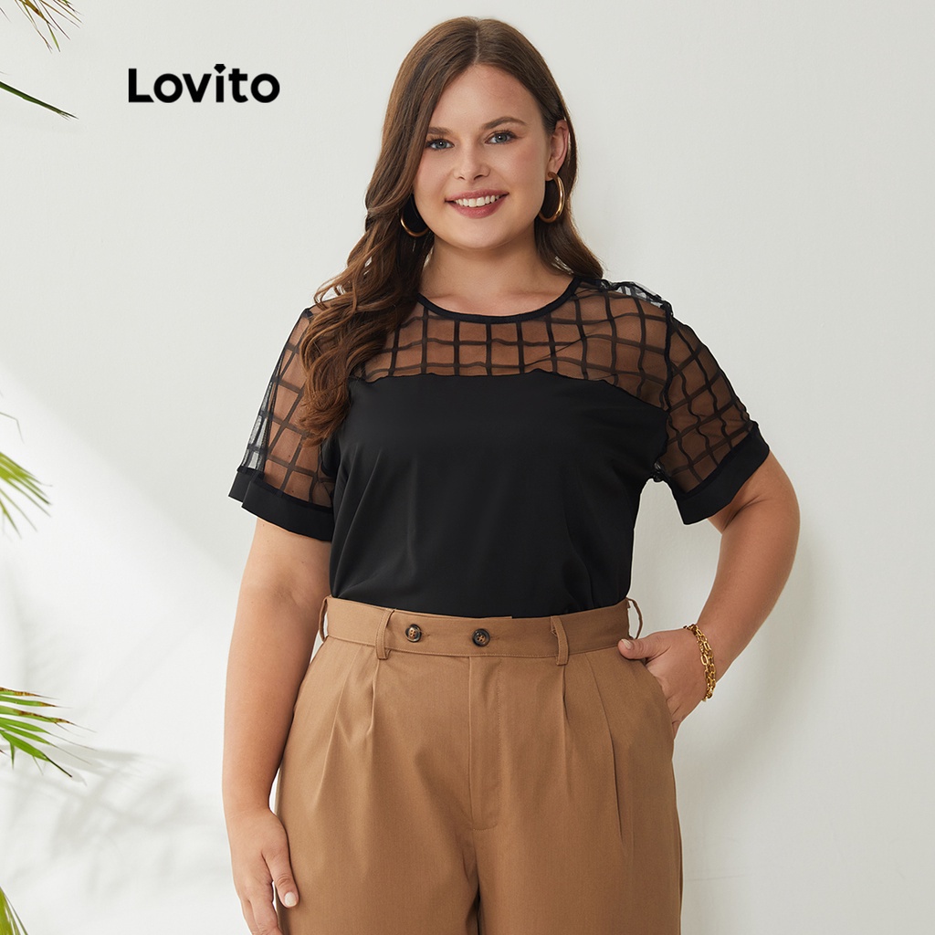 Áo Lovito plus size phối lưới tương phản thanh lịch trọng lượng nhẹ thoáng khí họa tiết caro LPS01023 (màu đen)