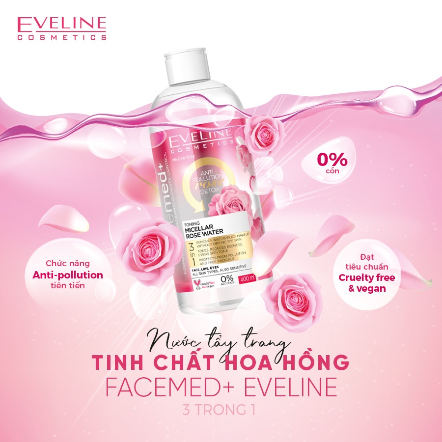 Nước tẩy trang tinh chất hoa hồng EVELINE FACEMED+ 400ML (new)