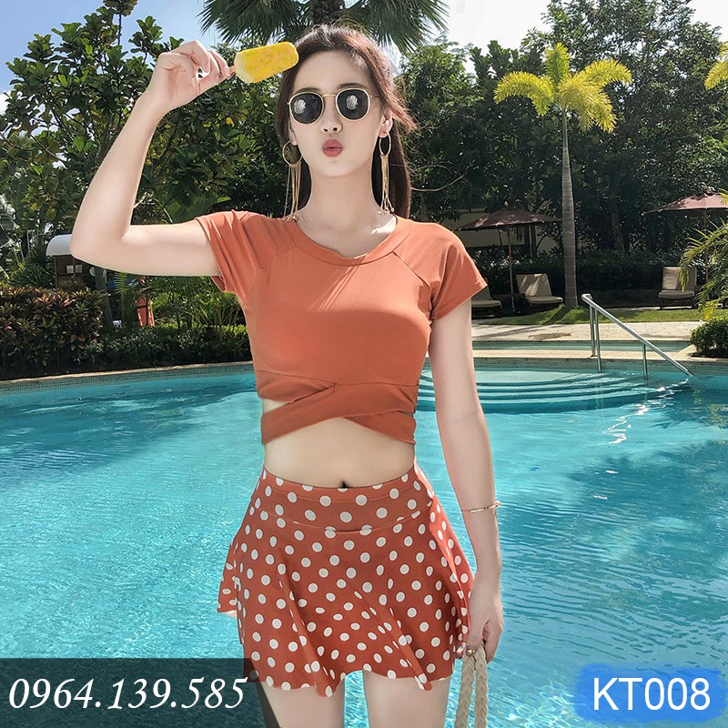 [SALE LẺ SIZE] - Bikini 2 mảnh kín đáo, áo gọng đệm nâng đẩy, quần váy chấm bi, có size to đến 65kg | KT008