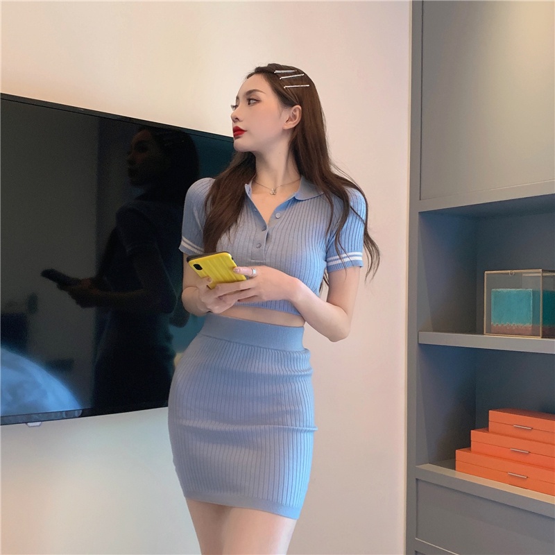 Set Áo Thun polo Tay Ngắn + Chân Váy Dệt Kim Lưng Cao Dáng Ôm Co Giãn Thời Trang Mùa Hè Phong Cách Trung Hoa Mới