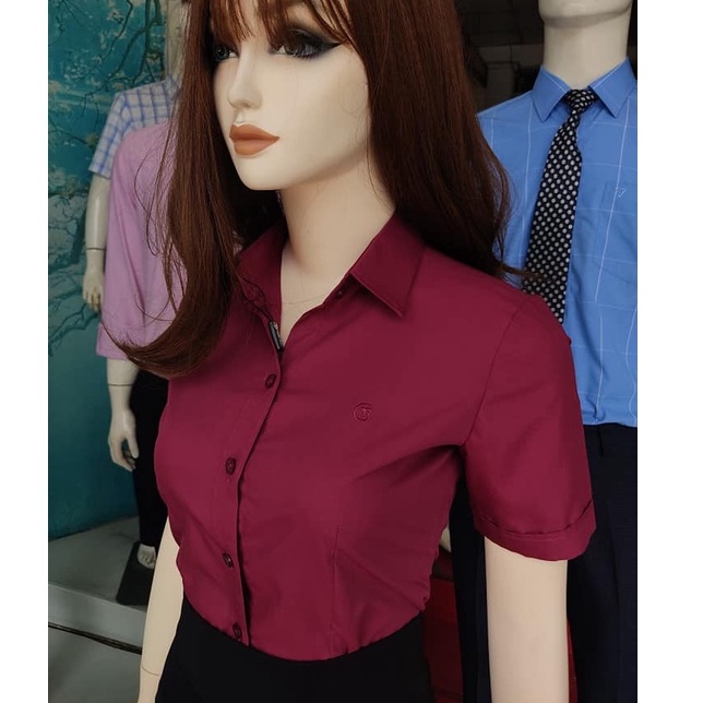Áo sơ mi nữ ngắn tay công sở Thái Bình vải silk chống nhăn trắng /đỏ đô/xanh dương/vàng