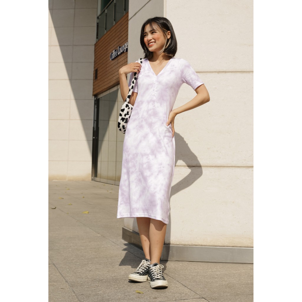 Đầm nữ dáng suông ngắn tay cổ V - neck plain short sleeve dress màu tím GG3277