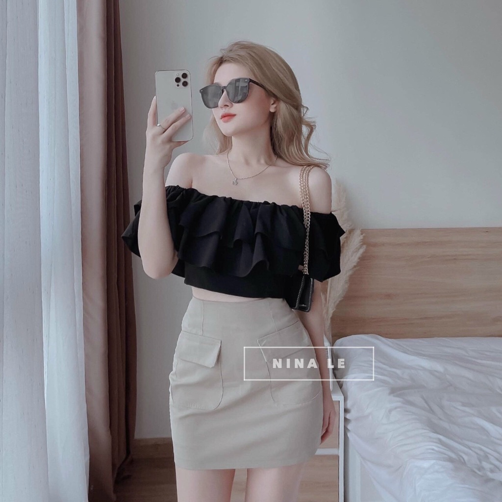 Sét váy rời nữ áo trễ vai màu đen mix chân váy nắp túi 2 bên mặc đi chơi Linhnastore