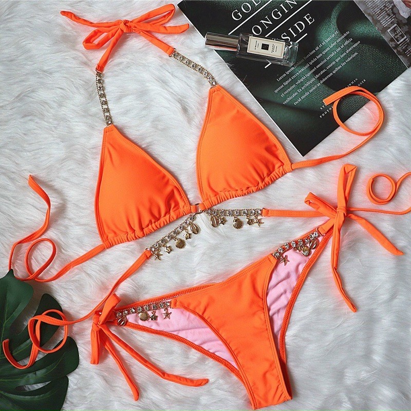 Bikini 2 mảnh basic sexy quần chip áo tam giác đính đá Quảng Châu cao cấp (Nhiều màu + có sẵn mút ngực)