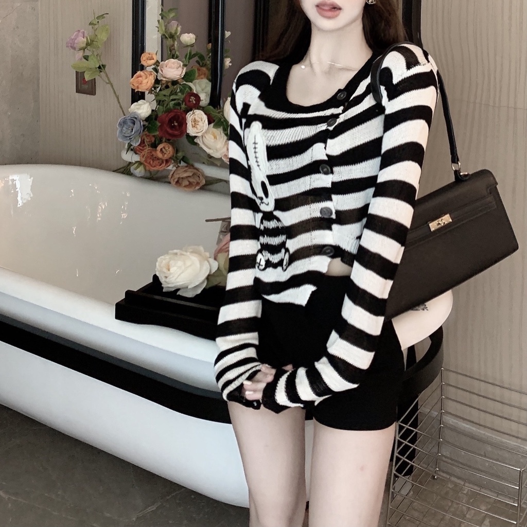 Cocory vn Áo Cardigan Dệt Kim Tay Dài Dáng Rộng Thêu Hình Thỏ Thời Trang Hàn Quốc Cho Nữ