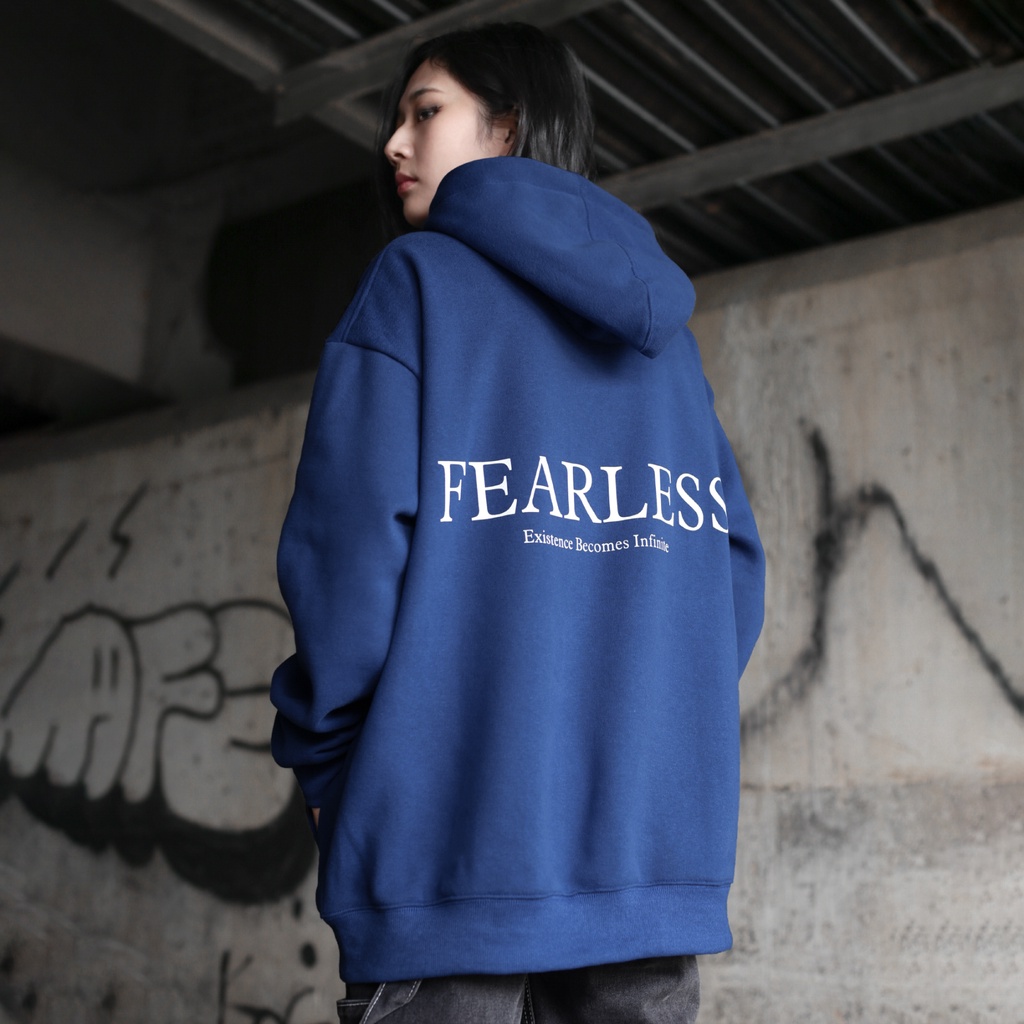 Áo Hoodie Fearless Màu Xanh Dương In Chữ Trắng Đơn Giản Chất Liệu Nỉ Bông Cotton