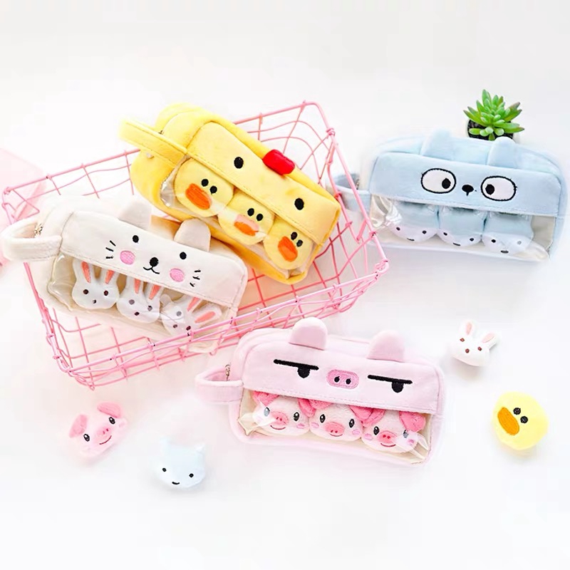 Túi Đựng Bút Trong Suốt Họa Tiết Hoạt Hình Phối Lông Nhung Xinh Xắn