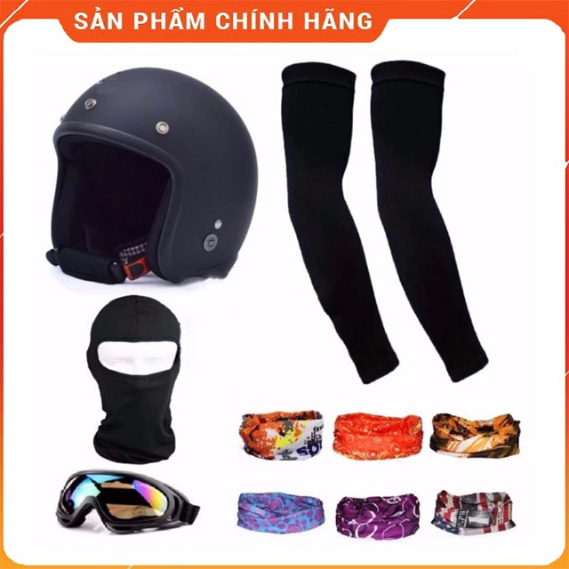 Combo 1 bộ nón 3/4 +1 khăn nija+1 kính phượt+1 khăn đa năng+1 đôi ống tay