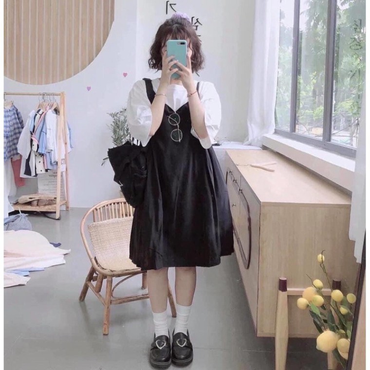 Set váy yếm voan dáng rộng kèm áo thun trơn form thụng tay lỡ, set váy đầm Ulzzang kiểu dáng babydoll