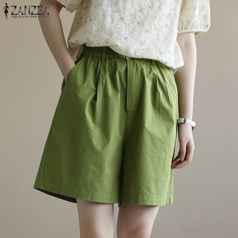 Quần đùi ZANZEA ống rộng lưng thun màu trơn đơn giản phong cách Hàn Quốc cho nữ
