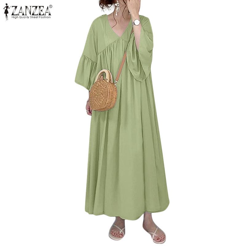 Đầm Maxi ZANZEA Tay Lỡ Cổ Chữ V Màu Trơn Sành Điệu Cho Nữ