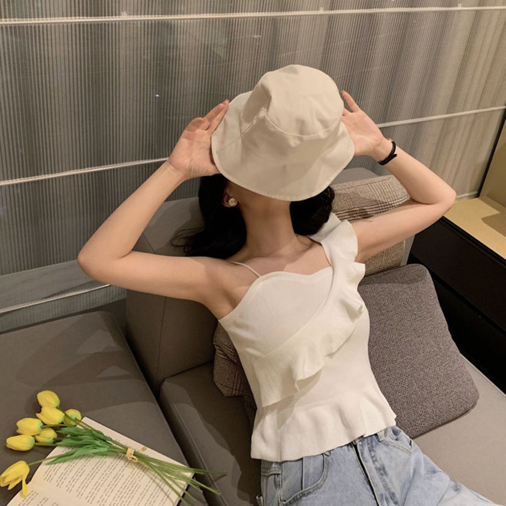 Áo Tank Top Dệt Kim Hở Lưng Phối Diềm Thời Trang