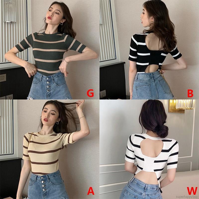 Áo dệt kim đơn giản sọc ngang ngắn tay dành cho nữ