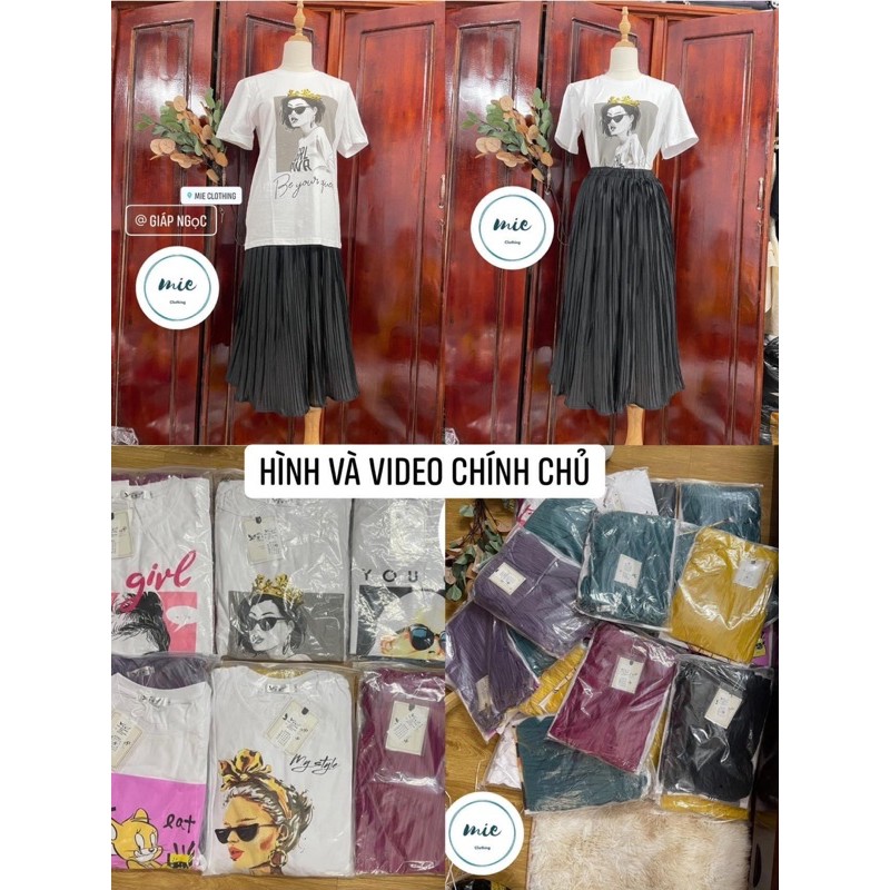 Set áo thun cô gái trắng mix chân váy xếp ly trendy quốc dân nhiều màu nổi hồng tím xanh vàng đen | BigBuy360 - bigbuy360.vn