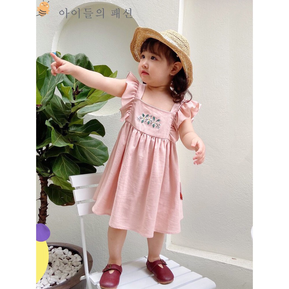 Đầm vải lụa cổ vuông thêu hoa cho bé gái nhỏ