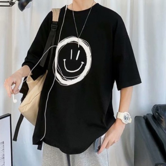 áo thun nam form rộng Chuẩn Form Trẻ Trung Áo thun nam cổ tròn cao cấp cotton màu Thời Trang Mẫu in khuôn mặt cười Áo phông nam