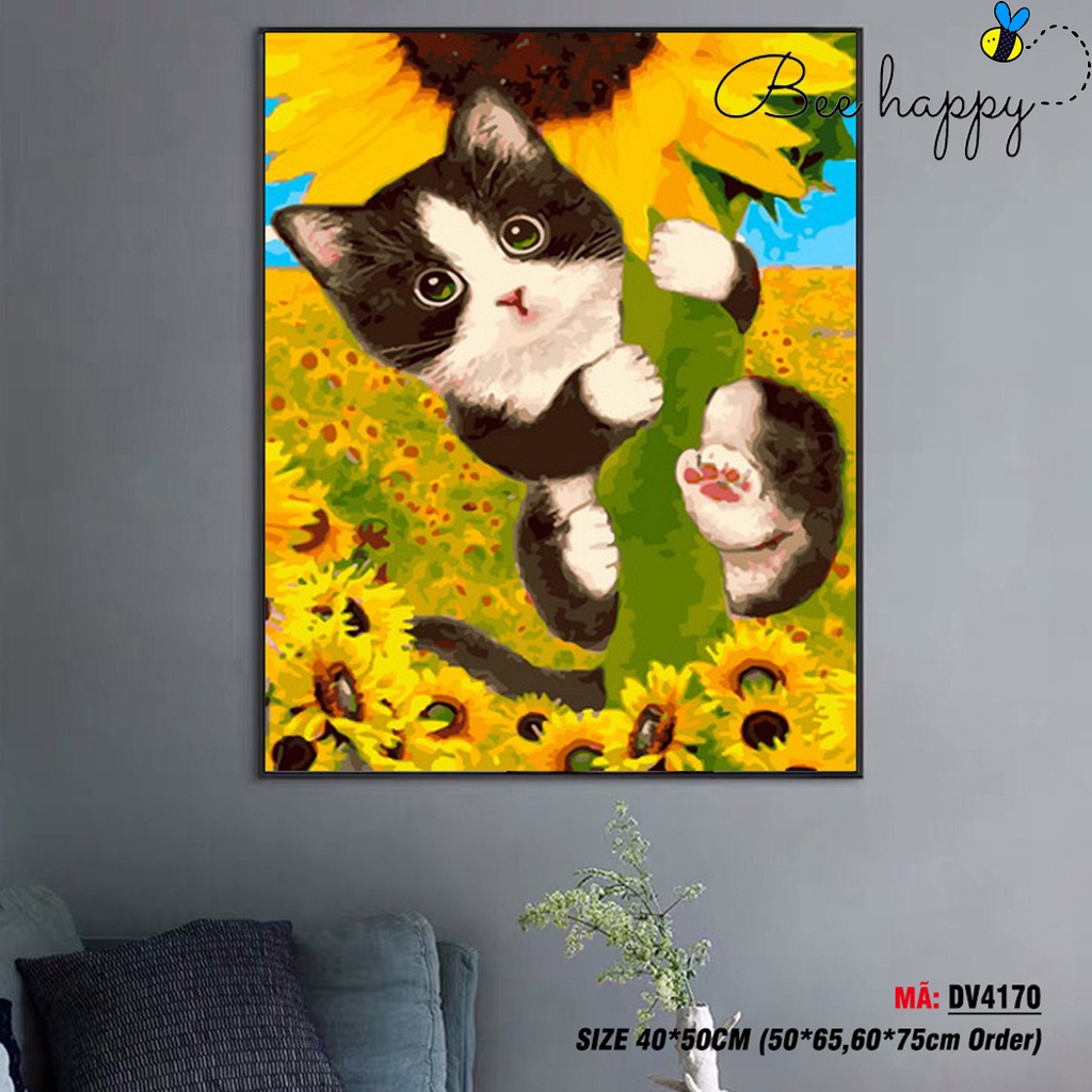 Tranh tô màu theo số BEE HAPPY mèo và hoa hướng dương DV4170