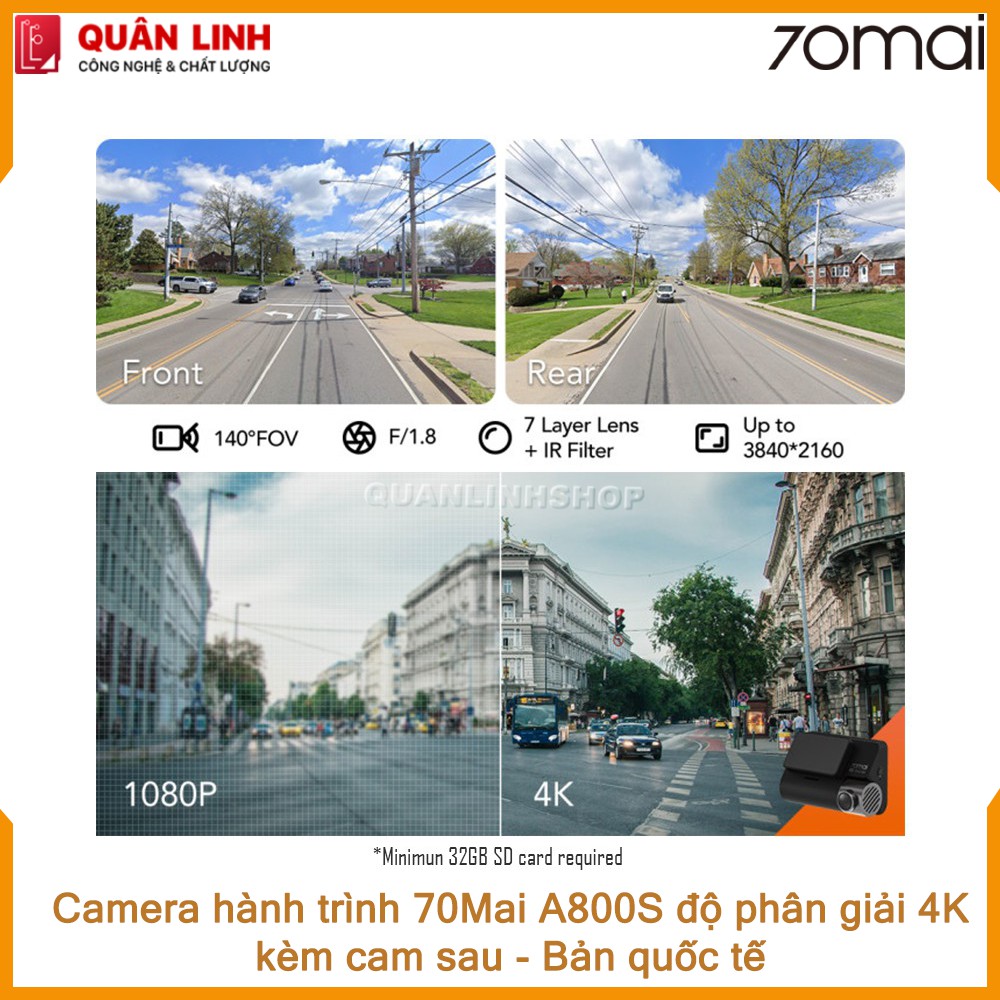 Camera hành trình 70mai A800S 4K ghi hình cả trước và sau, bản quốc tế - Bảo hành 12 tháng | BigBuy360 - bigbuy360.vn