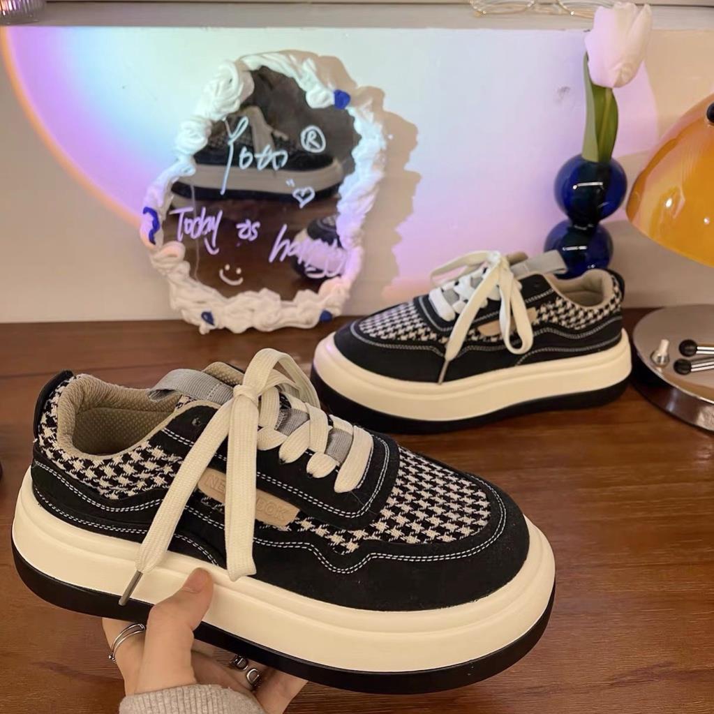 Giày Thể Thao Nữ Đế Độn Hoạ Tiết Houndstooth Đế Bánh Mì Tăng Chiều Cao HotTrend CAMSTORE 💜