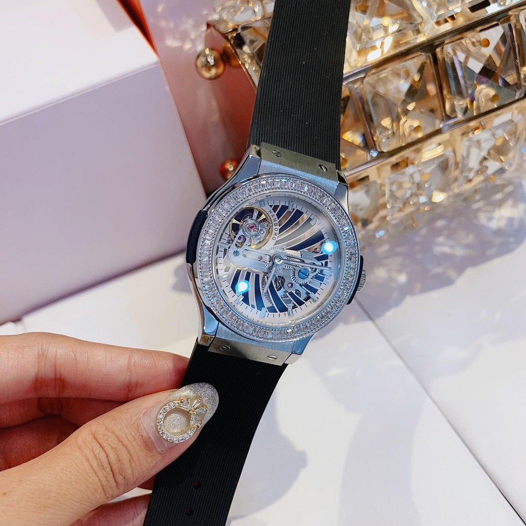 Đồng Hồ Nữ Hanboro Automatic Dây Silicon Đen Silver Authentic 36mm