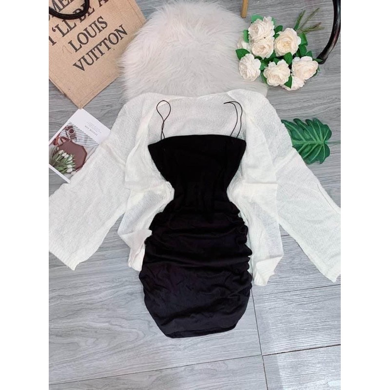 [Mã FAMAYWA2 giảm 10K đơn 50K] Set Đầm Zip Nhún Kèm Khoác Len Mỏng <montoghi> hình thật | BigBuy360 - bigbuy360.vn