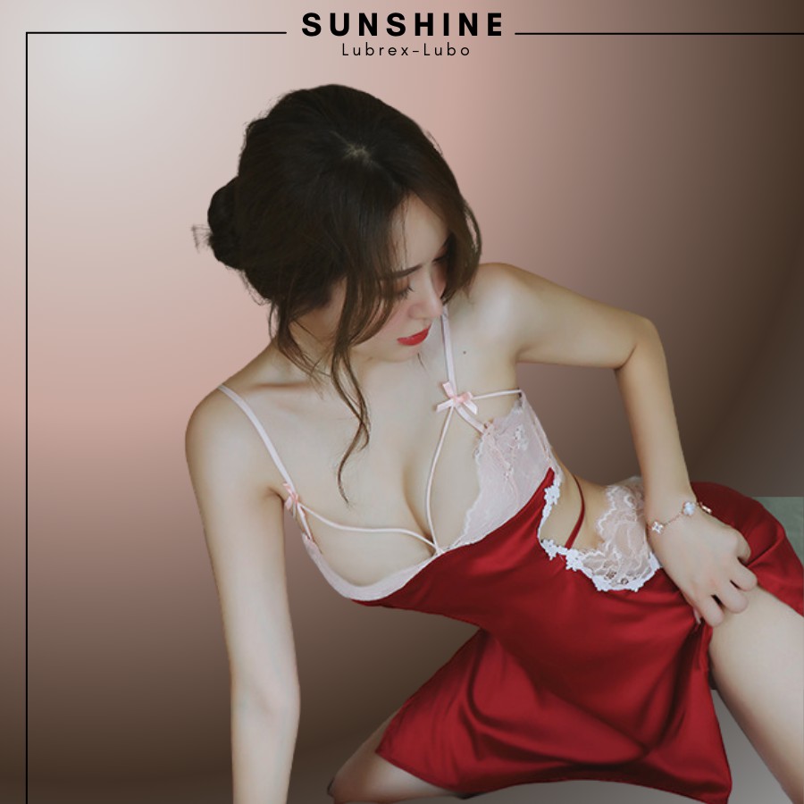 Váy Ngủ Lụa Phối Ren Mỏng Thiết Kế Dây Lưng Sexy Gợi Cảm Màu Đỏ Sunshine Lubrexlubo VL1050